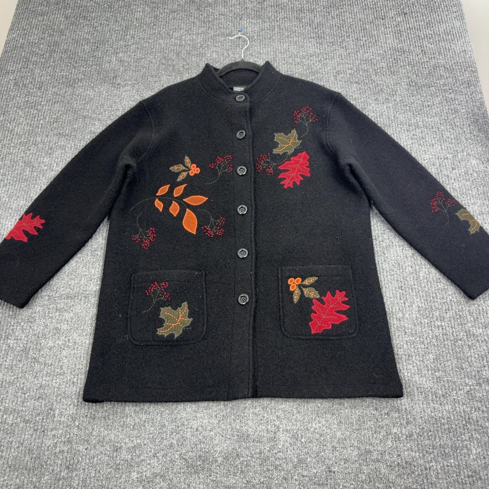 Nordic Design Cardigan Womens M Black 100 Wool Embroidered Leaves Mock Neck Boho